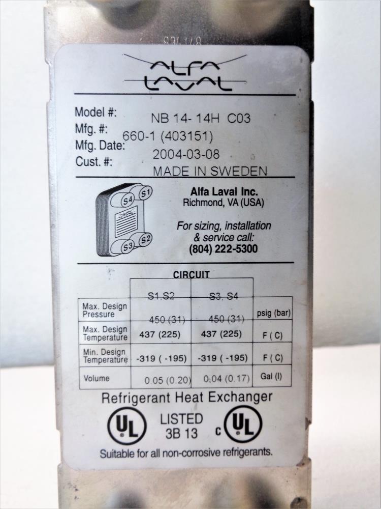 Alfa Laval Brazed Plate Heat Exchanger for Refrigerant, 14 Plates, NB14- 14H C03